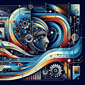 An illustration of AI integrating with WordPress, featuring symbolic gears and vibrant digital motifs.