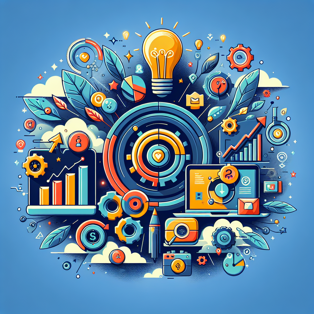 Illustration featuring vertical growth graph, vibrant colors, and digital communication icons.