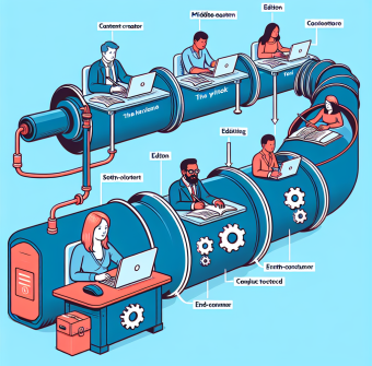 Illustration of a content marketing pipeline with stages from planning to distribution.